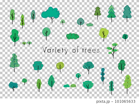 シンプルな線で描かれた多種多様なかわいい木のベクターイラスト 101065633