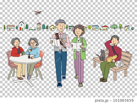 老年人享受觀光和城鎮漫步活動的矢量圖解 101065659