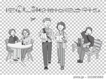 老年人享受觀光和城鎮漫步活動的單色插圖 101065660