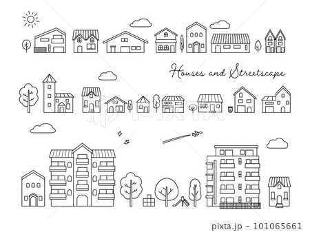 シンプルな黒い線の家と住宅地の街並みベクターイラスト 101065661