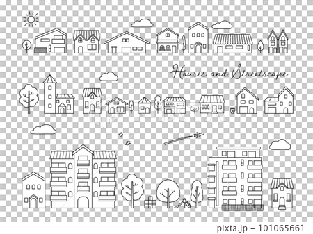 簡單的黑線房屋和住宅區城市景觀矢量圖解 簡單的黑線房屋和住宅區城市景觀矢量圖解 101065661