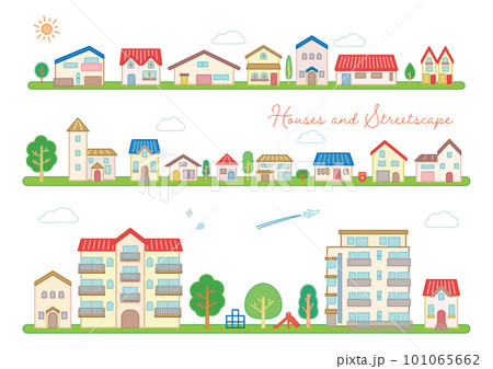 シンプルでかわいい家と住宅地の街並みベクターイラスト 101065662