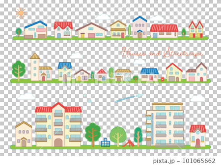 シンプルでかわいい家と住宅地の街並みベクターイラスト 101065662