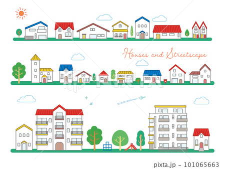 シンプルでかわいい家と住宅地の街並みベクターイラスト 101065663