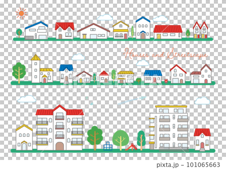 シンプルでかわいい家と住宅地の街並みベクターイラスト 101065663