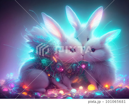 Three little rabbits in neon lights from fairytale. Symbol of holiday. Easter Bunny. Generative AI 101065681
