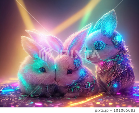 Illustration of fairy little rabbits in neon lights. Symbol of holiday. Easter Bunny. Generative AI 101065683