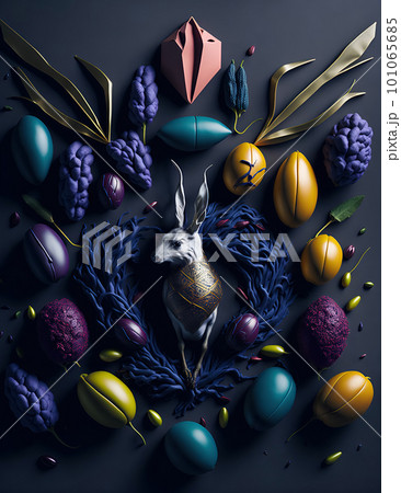 Artwork of rabbit in floral Easter wreath with easter eggs. Generative AI. Easter decoration  101065685