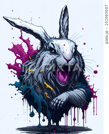 Artwork of head horrible easter bunny from watercolor splash art. Generative AI. Symbol of holiday  101065687