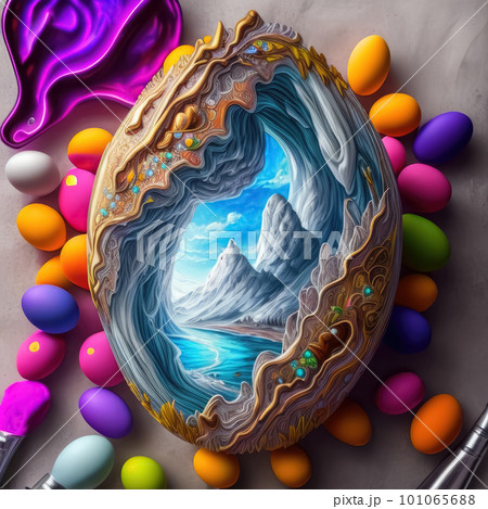 big design egg with view of nature inside on background with colorful easter eggs. Generative AI 101065688