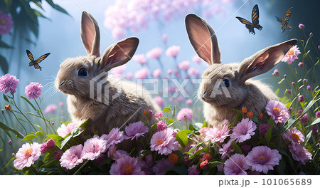 Cute rabbits is surrounded in spring flowers meadow, butterflies. Symbol of holiday. Generative AI 101065689