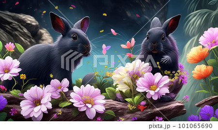 Illustration of black water rabbits Easter Bunnies with flowers, butterflies. Fantasy, Generative AI 101065690