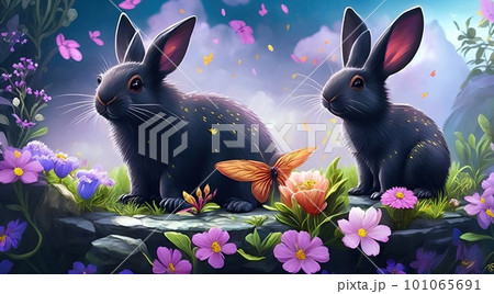 Illustration of black water rabbits Easter Bunnies with flowers, butterflies. Symbol, Generative AI 101065691