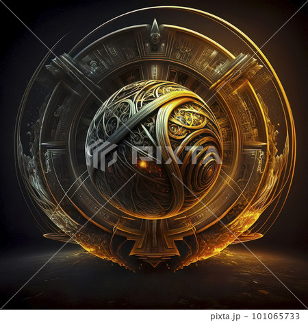 A Powerful Fusion of Ancient and Futuristic Design in an Intricate Gold and Steel Sphere Ball Shield Adorned with Matrix Symbols 101065733