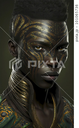 Close-up of a Dark-skinned Man with Cheetah-patterned Painted Face Adorned with Precious Stones, and an Opulent Green Silk Jacket with Golden High Neckline 101065736