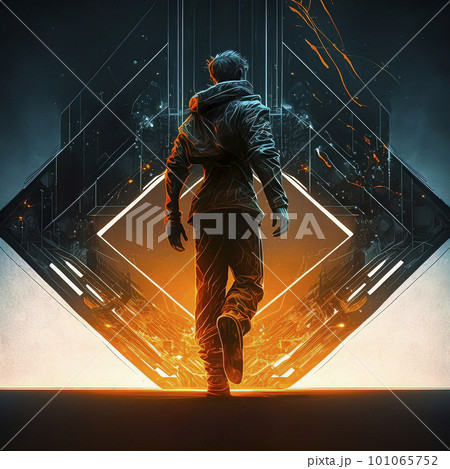 Futuristic Man Walks through Glowing Blue-Orange Diamond Portal in High-Tech Setting 101065752