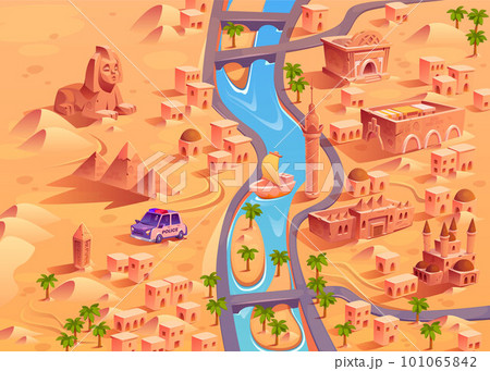 Cartoon desert town with river and pyramids Cartoon desert town with river and pyramids 101065842