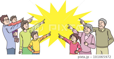 目指す_指差す_ファミリー＿キリッとした表情_5人真ん中を指差す_背景色あり 101065972