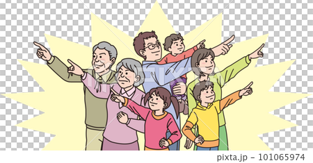 瞄準_指向_家庭_尖銳的表情_指向每個方向5個人_帶背景色 瞄準_指向_家庭_尖銳的表情_指向每個方向5個人_帶背景色 101065974