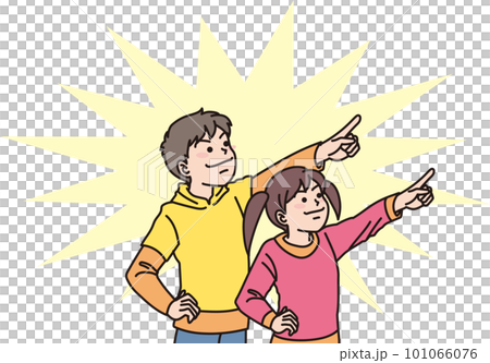 瞄準_指向_家人_銳利的表情_男孩和女孩指向同一個方向_帶背景色 101066076