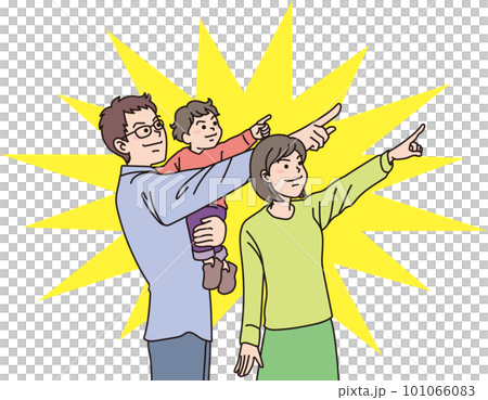 目指す_指差す_ファミリー_キリッとした表情_若い親子で同じ方向を指差す_背景色あり 目指す_指差す_ファミリー_キリッとした表情_若い親子で同じ方向を指差す_背景色あり 101066083