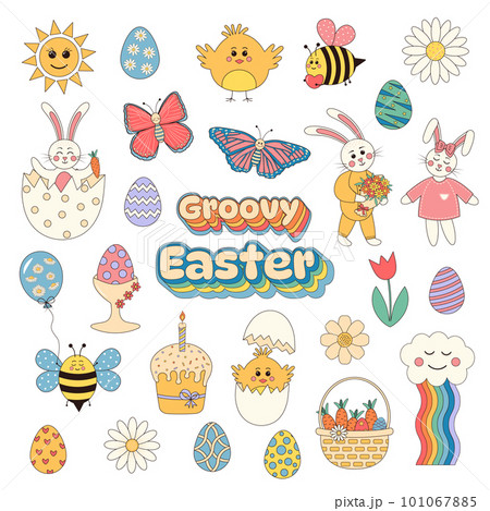 Groovy hippie Easter set.  Easter eggs, bunnies,  butterflies, bees, chickens, daisies. Set of cartoon characters and elements in trendy retro 60s 70s cartoon style. 101067885
