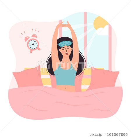 Woman in sleeping mask is waking up, yawning and stretching out in the bed with pillows. Sun shining through the window and alarm ringing. Daily morning routine. 101067896
