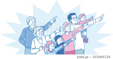 目指す_指差す_ファミリー_ピンクブルー_キリッとした表情_5人同じ方向を指差す_背景色あり 101068128