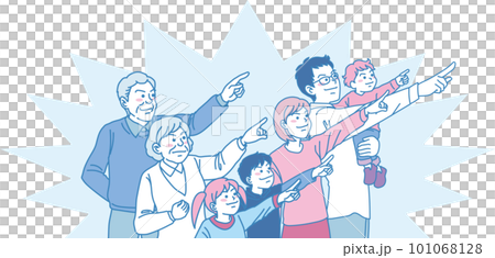 目指す_指差す_ファミリー_ピンクブルー_キリッとした表情_5人同じ方向を指差す_背景色あり 101068128
