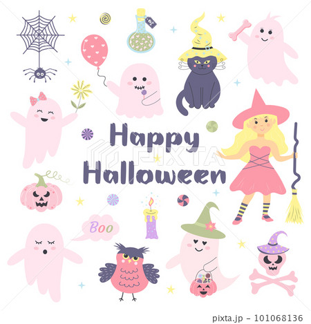 Cute pink pastel Halloween set. Hand drawn magic characters for kids. Little pink ghosts, pretty witch, cat, owl, skull, spooky pumpkin, spider and other. Cute pink pastel Halloween set. Hand drawn magic characters for kids. Little pink ghosts, pretty witch, cat, owl, skull, spooky pumpkin, spider and other. 101068136