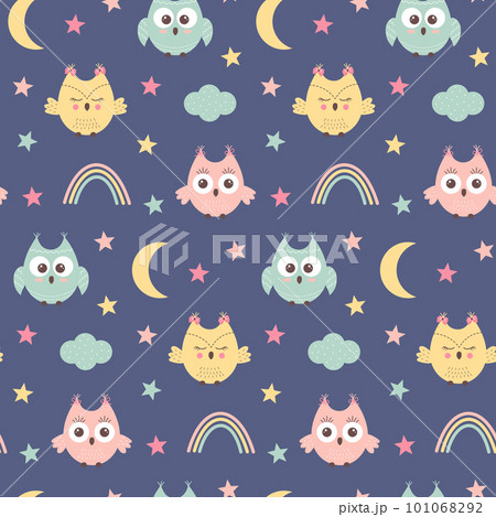 Seamless pattern with cute owls, rainbow, cloud and stars. Scandinavian boho print. 101068292
