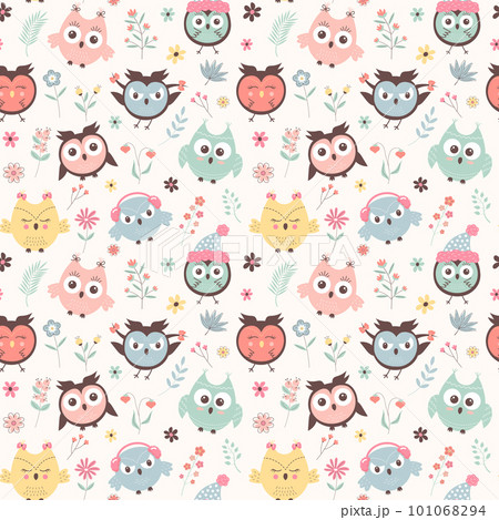 Cute owls and flowers seamless pattern. Scandinavian boho print. Creative kids texture for fabric, wrapping, textile, wallpaper, apparel. 101068294