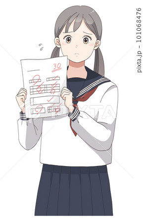 テストで赤点を取って困っている学生服の女子生徒(ツインテールへア) 101068476