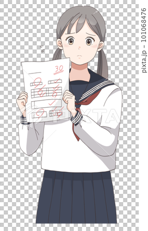 テストで赤点を取って困っている学生服の女子生徒(ツインテールへア) 101068476