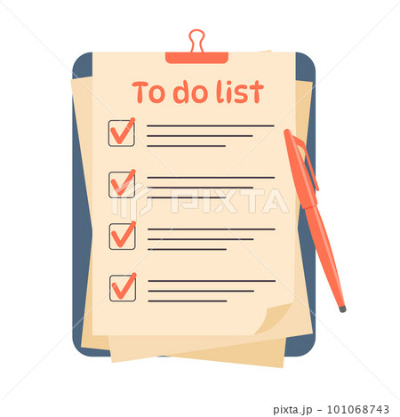 Paper sheet with a clip and checkmarks to do list and a pen. Planning, office, business, organization of work concept. Paper sheet with a clip and checkmarks to do list and a pen. Planning, office, business, organization of work concept. 101068743