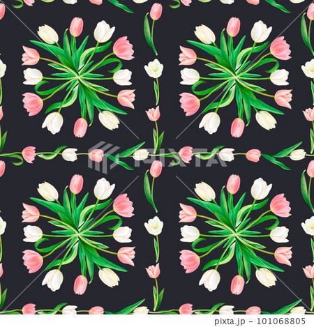 Watercolour square pattern on black background, beautiful pink and white tulips framed by flower elements. Perfect for napkin, postcard, sticker, fabric printing. Four flower rounds and curved leaves 101068805