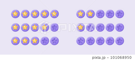 Set of 3d golden stars for low and high rating on purple background. Customer review or feedback from clients concept. Realistic vector illustration for website or mobile applications 101068950