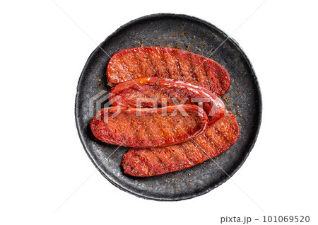 Grilled Turkish Sucuk meat sausage. Isolated on white background. Grilled Turkish Sucuk meat sausage. Isolated on white background. 101069520