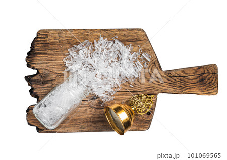 Menthol Crystals, Ingredients for production of natural cosmetics. Isolated on white background. Menthol Crystals, Ingredients for production of natural cosmetics. Isolated on white background. 101069565