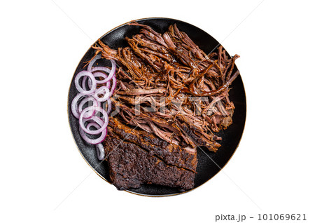 BBQ pulled pork meat on plate. Isolated on white background. 101069621