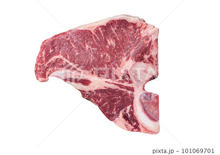 Raw T-bone porterhouse beef meat Steak on golden metalic plate. Isolated on white background Raw T-bone porterhouse beef meat Steak on golden metalic plate. Isolated on white background 101069701