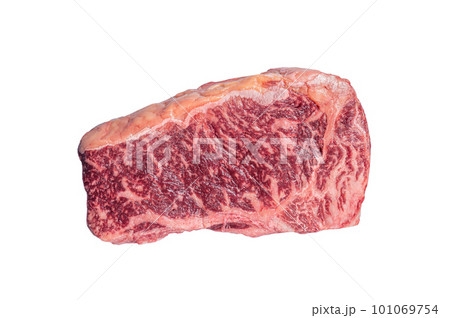 Raw striploin or New york steak on a butcher table. Isolated on white background. Raw striploin or New york steak on a butcher table. Isolated on white background. 101069754