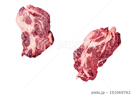 Fresh marbled meat Steaks with meat knife and fork table, beef rib eye steak. Isolated on white background. Fresh marbled meat Steaks with meat knife and fork table, beef rib eye steak. Isolated on white background. 101069762