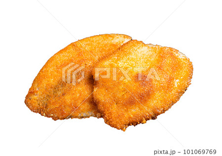 Fried breaded tilapia fillets on a marble board. Isolated on white background 101069769