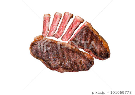 Grilled top sirloin or cup rump beef meat steak on marble board. Isolated on white background Grilled top sirloin or cup rump beef meat steak on marble board. Isolated on white background 101069778