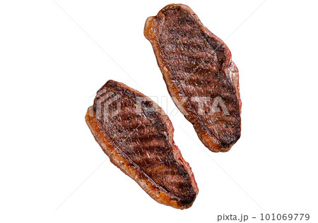 BBQ Grilled cap rump or Top sirloin beef steak, fried meat on grill. Isolated on white background BBQ Grilled cap rump or Top sirloin beef steak, fried meat on grill. Isolated on white background 101069779