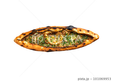 Turkish pide pie with beef meat and vegetables. Isolated on white background. 101069953