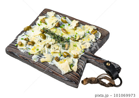 Butter board with herbs, blue cheese, capers, parmesan and olives, Butterboard. Isolated on white background. Butter board with herbs, blue cheese, capers, parmesan and olives, Butterboard. Isolated on white background. 101069973