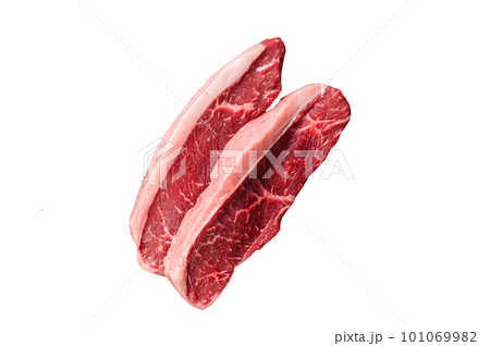 Top sirloin beef steak or brazilian Picanha, raw meat on butcher cleaver. Isolated on white background Top sirloin beef steak or brazilian Picanha, raw meat on butcher cleaver. Isolated on white background 101069982