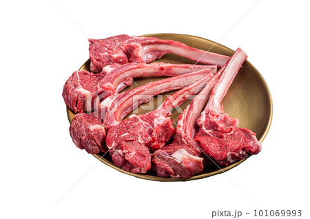 Lamb chop rib steak, raw mutton meat cutlet in golden plate. Isolated on white background Lamb chop rib steak, raw mutton meat cutlet in golden plate. Isolated on white background 101069993
